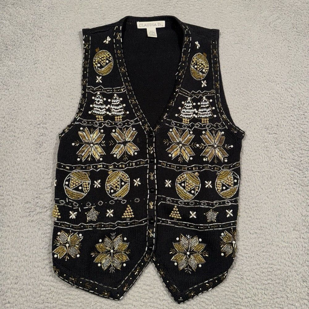 Vintage Claudia D. Christmas Vest Knit Black Sequins Gold Ornament Tree Medium M
